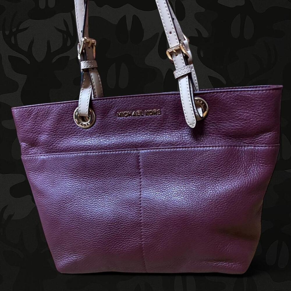 Michael Kors Bedford Medium Pocket Tote Bag Plum Burgundy Pebbled Leather  Y2K